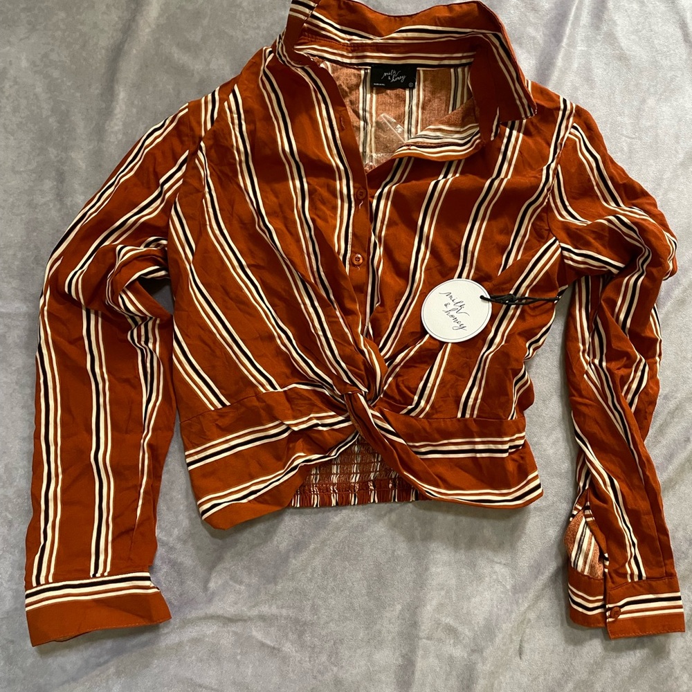 Brown and White Long Sleeve Wrap Blouse